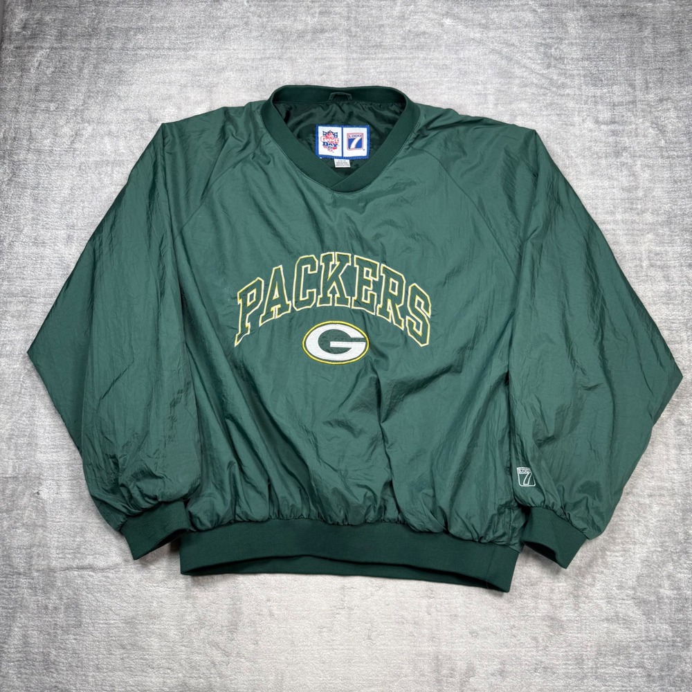 Green Bay Packers Jacket Mens XL Green V Neck Vintage 90s Logo 7 Windbreaker NFL